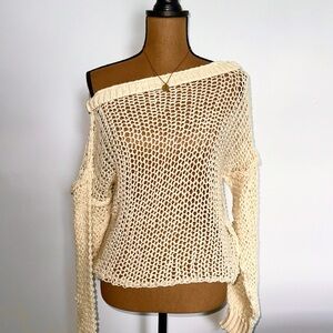 Cream Open-Knit Crew Neck Sweater